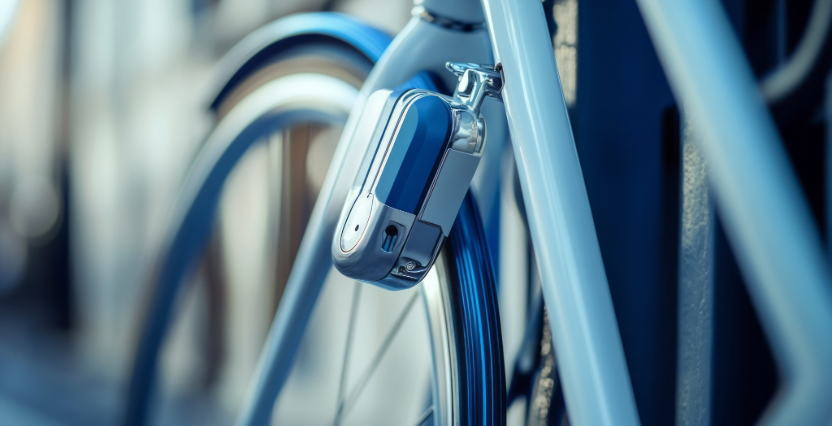 Closeup van een fietsslot aan een fiets vast